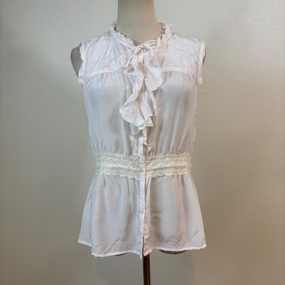 Free People Blouse M White Y2K Ruffle Lace Sleeveless Top Boho Peasant Cottage